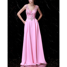 Custom V-Neck Sleeveless Long Chiffon Rhinestone Evening Dresses