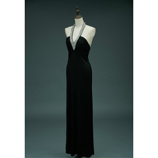 Affordable Halter V-Neck Floor Length Satin Black Evening Dresses