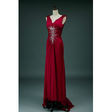 Sheath V-Neck Sweep Train Satin Beading Evening Dresses