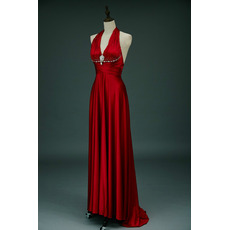 Discount Halter V-Neck Sleeveless Sweep Train Satin Evening Dresses