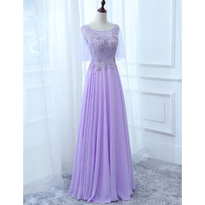 Elegant Floor Length Chiffon Evening Dresses with Short Tulle Sleeves