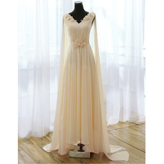 New V-Neck Sweep Train Chiffon Evening Dresses with Ribbons