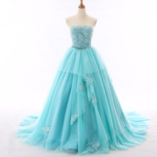 Custom Ball Gown Strapless Chapel Train Organza Evening Dresses