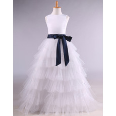 Affordable Long Tulle Layered Skirt Flower Girl Dresses with Sashes