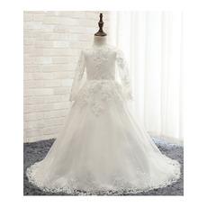 Affordable Sweep Train Satin First Communion Dresses with Long Sleeves