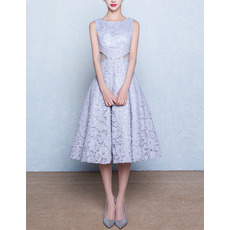 Classic A-Line Bateau Sleeveless Tea Length Lace Blue Wedding Dress