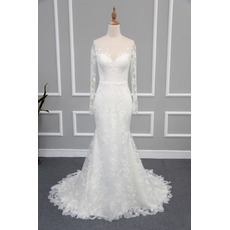 Sexy Sheath Sweetheart Lace Satin Wedding Dresses with Long Sleeves