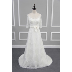 New Round/ Scoop Neck Lace Wedding Dresses with 3/4 Long Sleeves