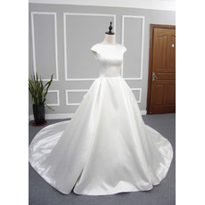 Inexpensive Ball Gown Cap Sleeves Cathedral Train Satin Wedding Dresses