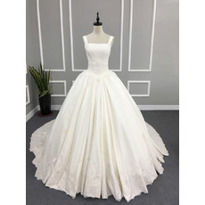 Ball Gown Square Neck Chapel Train Satin Wedding Dresses