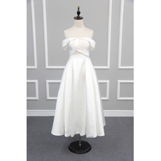 Affordable Off-the-shoulder Tea Length Satin Reception Wedding Dresses