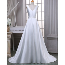 Custom A-Line V-Neck Sleeveless Court Train Satin Wedding Dresses