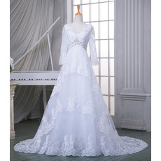 Affordable V-Neck Court Train Tulle Wedding Dresses with Long Sleeves