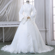 Custom High-Neck Satin Winter Wedding Dresses with Long Sleeves