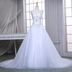 Elegant A-Line V-Neck Sleeveless Chapel Train Satin Wedding Dresses