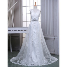 Custom Sheath V-Neck Sleeveless Sweep Train Tulle Wedding Dresses