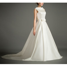 Affordable Lapel Sleeveless Court Train Satin V-Back Wedding Dresses