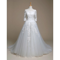 Inexpensive A-Line Court Train Wedding Dresses with 3/4 Long Sleeves