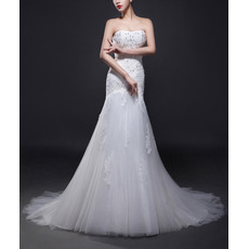 Custom Trumpet Strapless Sweep Train Satin Tulle Wedding Dresses