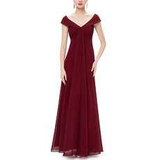 V-Neck Floor Length Chiffon Bridesmaid Dresses with Cap Sleeves