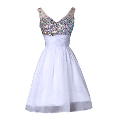 New V-Neck Short Organza Satin Rhinestone Cocktail Party Dresses