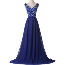 Custom V-Neck Sleeveless Satin Chiffon Rhinestone Evening/ Prom Dress