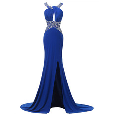 Custom Sheath Sweep Train Chiffon Split Evening/ Prom Dresses