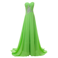 Custom A-Line Sweetheart Sweep Train Chiffon Rhinestone Evening Dress