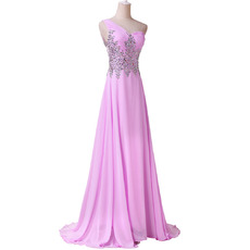 Affordable One Shoulder Floor Length Chiffon Rhinestone Evening Dress