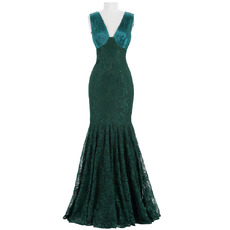 Custom Mermaid V-Neck Sleeveless Floor Length Lace Evening Dresses