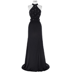 Sexy Halter Sleeveless Chiffon Black Embroidery Evening Dresses