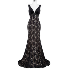Floor Length V-Neck Lace Black Evening/ Prom/ Party Dresses