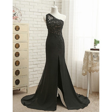 Affordable Sheath One Shoulder Floor Length Chiffon Evening Dresses