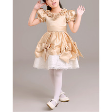 Affordable Short Taffeta Lace Flower Girl Dresses with Bubble Sleeves