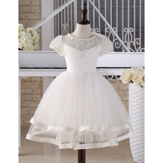 Ball Gown Knee Length First Communion Dress with Short Sleeves