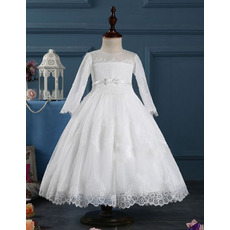 Custom Ball Gown Tea Length First Communion Dresses with Long Sleeves