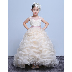 New Sweep Train Ruffle Skirt Flower Girl Dresses with Belts