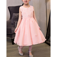 New A-Line Tea Length Chiffon Applique Flower Girl Dresses