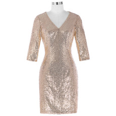 Custom V-Neck Knee Length Sequin Mother Dresses with 3/4 Long Sleeves