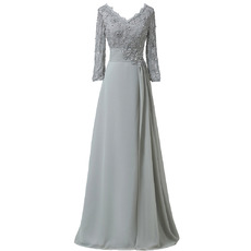 Elegant V-Neck Floor Length Chiffon Mother Dress with 3/4 Long Sleeves