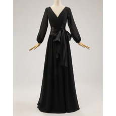 New V-Neck Floor Length Chiffon Mother Dress with Long Sleeves
