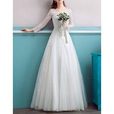 Custom Floor Length Lace Wedding Dresses with Long Lace Sleeves