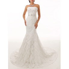 Discount Sheath Strapless Sleeveless Sweep Train Lace Wedding Dresses