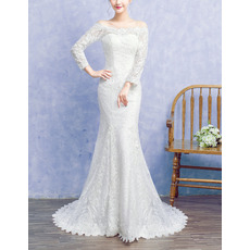 Inexpensive Off-the-shoulder Lace Wedding Dresses with Long Sleeves