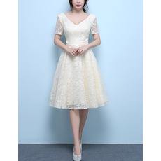New V-Neck Knee Length Lace Wedding Dresses with Short Sleeves
