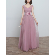 New V-Neck Floor Length Satin Tulle Bridesmaid Dresses