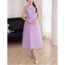 Affordable V-Neck Sleeveless Tea Length Lace Tulle Bridesmaid Dresses
