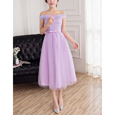 Elegant Off-the-shoulder Tea Length Lace Tulle Bridesmaid Dresses