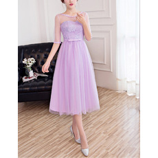 New Tea Length Lace Tulle Bridesmaid Dresses with Half Sleeves