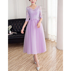 Custom V-Neck Tea Length Bridesmaid Dresses with Half Lace Sleeves